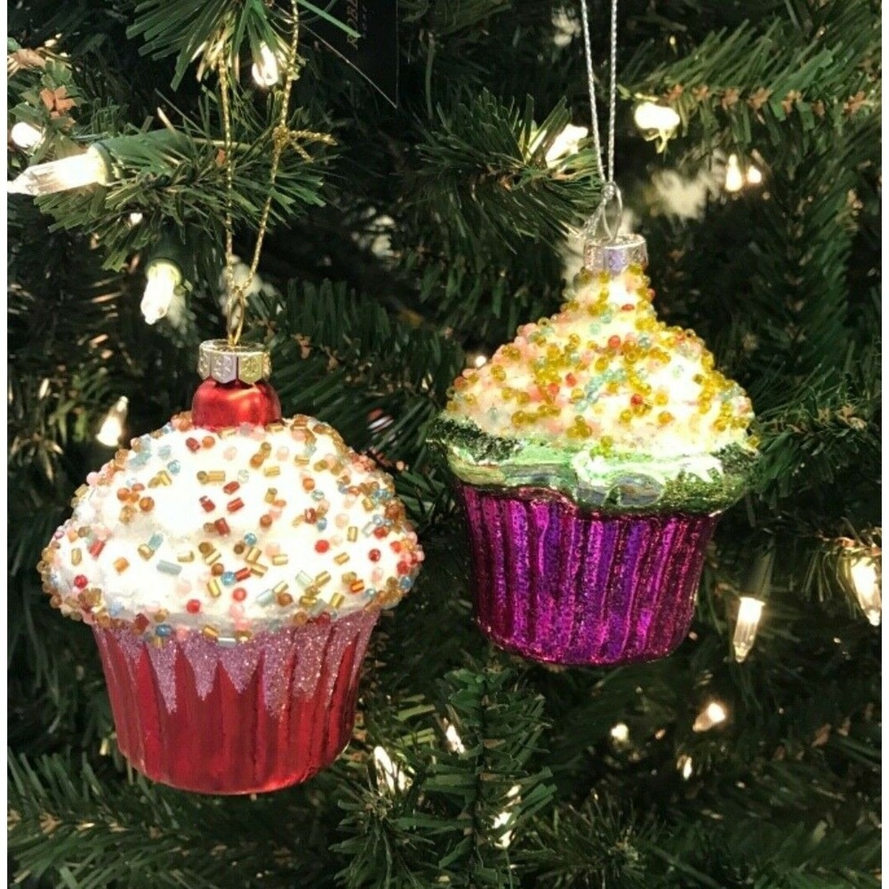 2 Cup Cake Christmas Ornaments-Glass Red Purple Sprinkle Beads Bakery Food